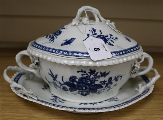 A Worcester lozenge shaped tureen cover and stand, c.1775, 34.5cm, losses to flowers and leaves